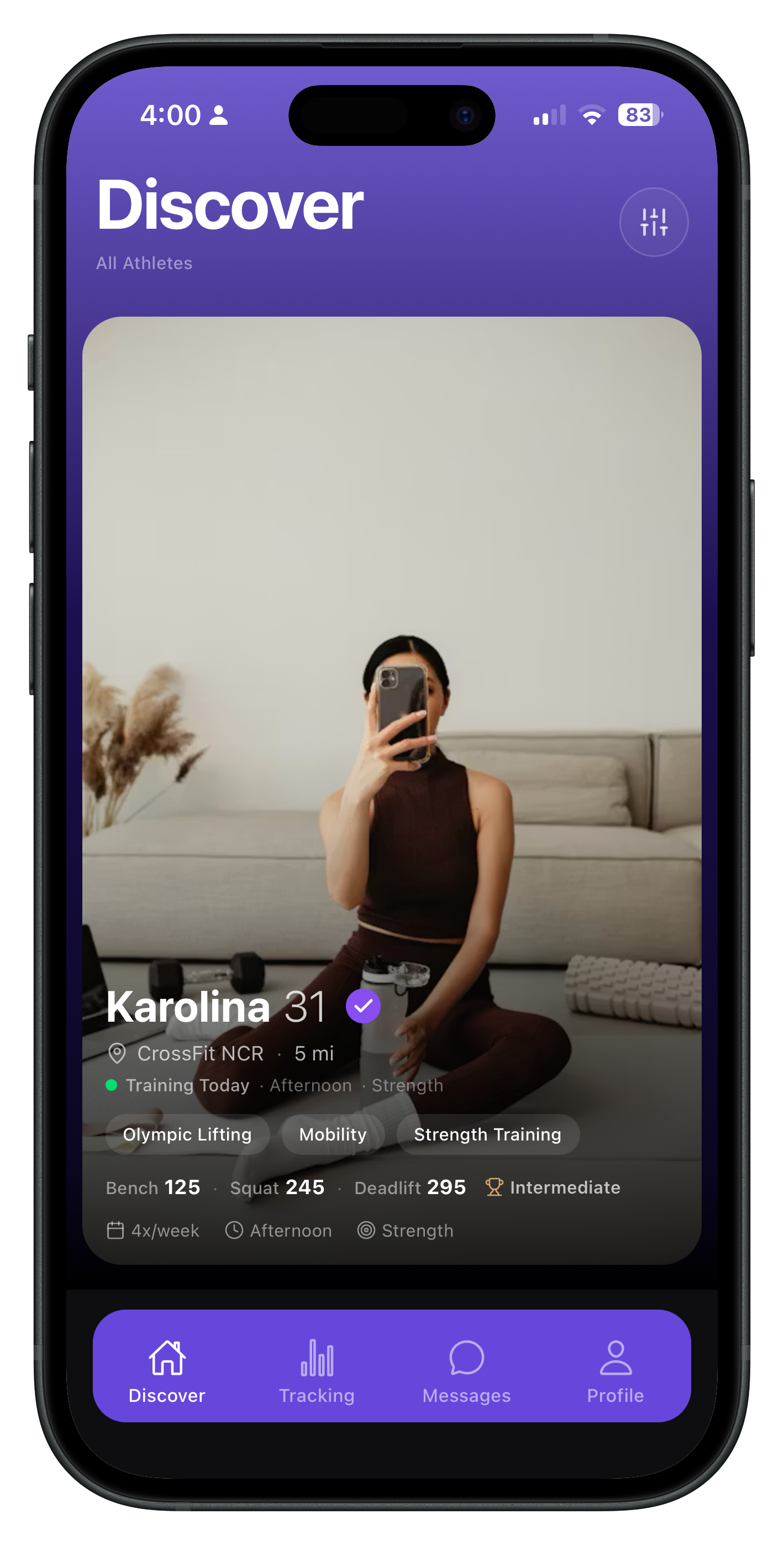 Heda discover screen featuring a female athlete